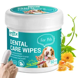 SmileDenX Dog Dental Care Wipes - Cat & Dog Teeth Cleaning Finger Wipes - Dog Tooth Brushing Kit Dental Wipes - Reduces Plaque & Freshens Breath Beef Flavor (50 Pcs)