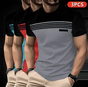 Men’s Casual Short-Sleeve T-Shirt – Stylish Contrast Design with Zigzag Pattern, Comfortable Polyester Fabric, Crew Neck, Lightweight and Breathable, Suitable for Casual Wear, Men’s Casual Clothing | Geometric Pattern Shirt | Glossy Finish