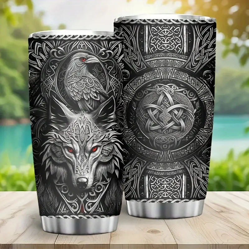 20oz Viking-Themed Stainless Steel Tumbler - Double-Wall Insulated Travel Mug with Wolf & Celtic Knot Design, Hot & Cold Beverage Cup - Perfect Gift for Men, Birthday, Christmas, Valentine's Day - Reusable, Hand Wash Only