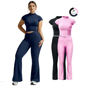 Women's solid color yoga sports set, including top + high-waisted tummy control butt lift pants, two-piece set, suitable for outdoor running, gym training and other fitness activities, all-season athletic wear.