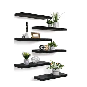 Wood Floating Shelves for Wall, Wooden Wall Shelves for Bedroom, Set of 6 Black 17 Inch Decor Farmhouse