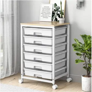 Rolling cart with drawers, utility cart with 6 drawers, rolling storage cart with drawers, wooden tabletop, and lockable wheels, white