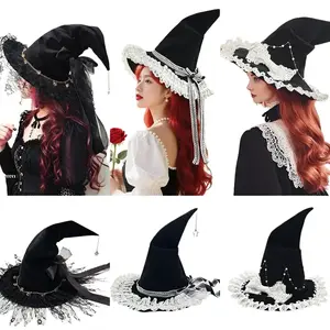 Handmade Lace Witch Pointed Hats Bandage Bow Wizard Hat Noble Princess Lolita Cosplay Costume Accessories Halloween Party Hat