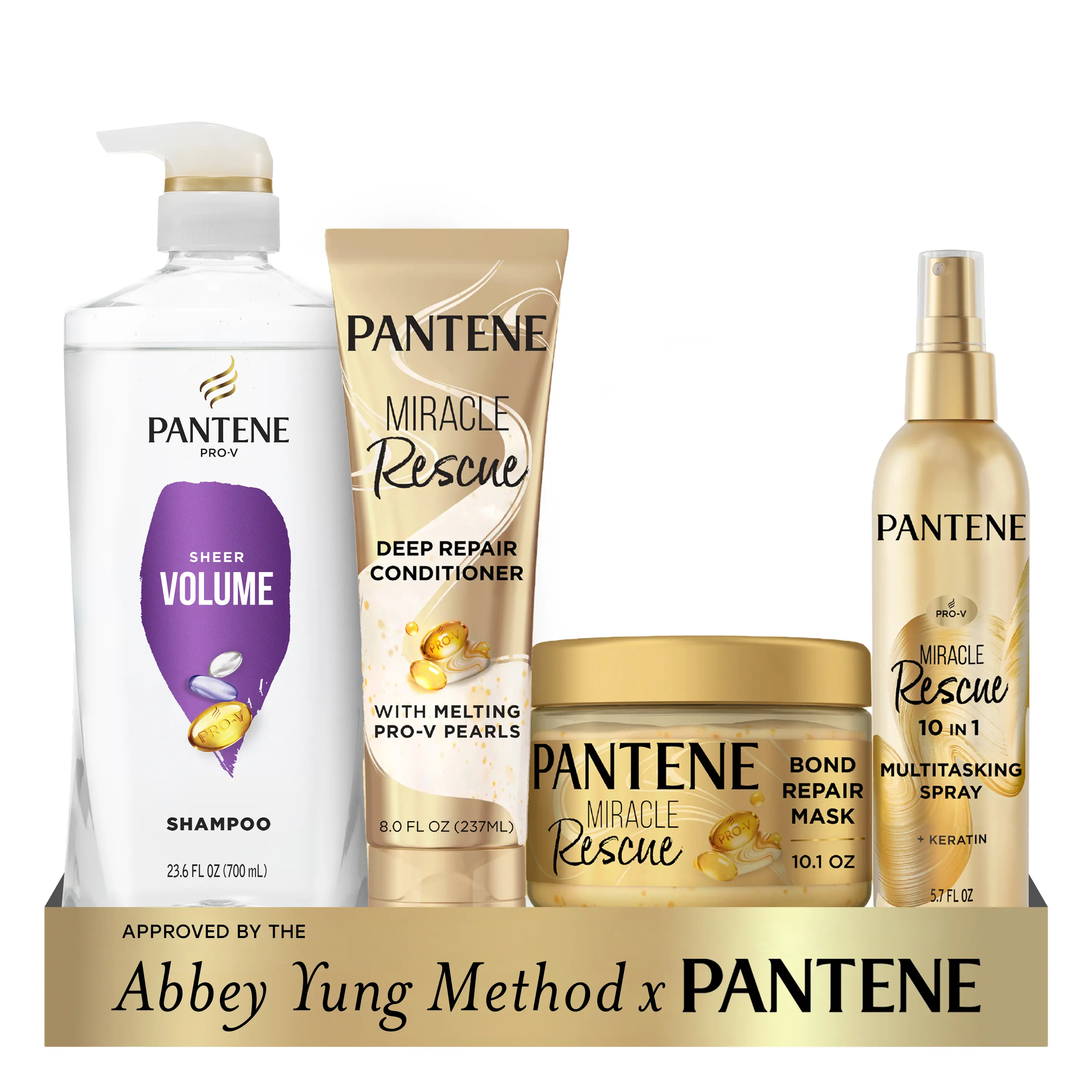 Pantene Abbey Young Method 4-Piece Set with Pro-V Sheer Volume Shampoo (23.6 oz), Miracle Rescue Multi-Tasking Leave-In Spray (5.7 oz), Miracle Rescue Deep Repair Conditioner (8 oz), and Miracle Rescue Intensive Bond Repair Mask (10.1 oz)