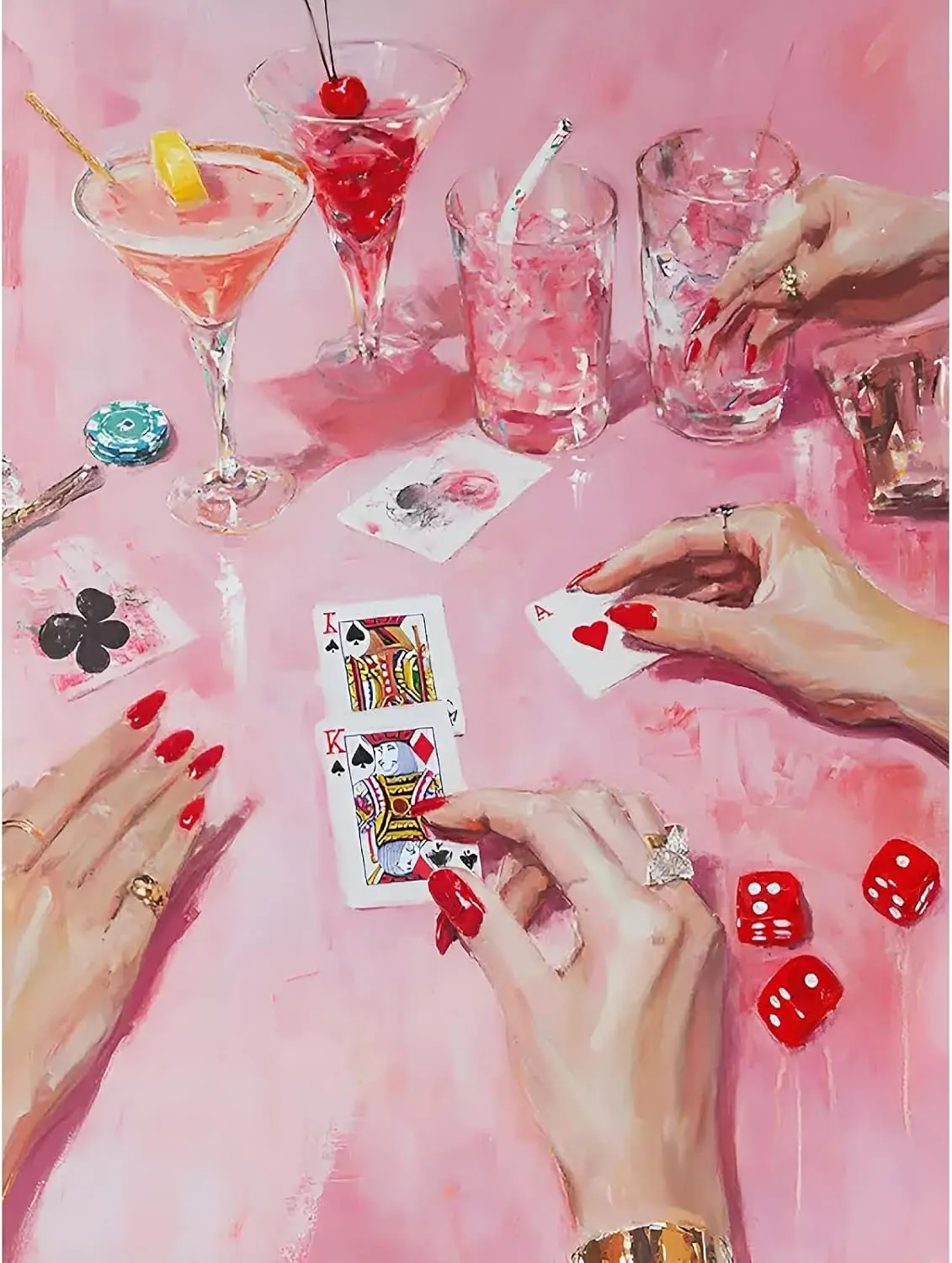 5D Diamond Painting Kit Girly Poker Night Art Red Manicure Lady Hands Playing Cards Martini Cocktails Red Dice Poker Chips Soft Pink Textured Background Bar Crystal Rhinestone Wall Decor Gift
