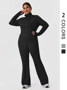 Plus Size Women's Fitness Set, Athleisure Wear Set, Thumb Hole Training Jacket, Elastic Waist Yoga Pants, Casual Flare Leggings, Outdoor Sports, Gym Workout Clothes, Gym Yoga Clothing