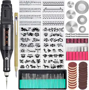 108 count Engraving Tool Kit, Multi-Functional Electric Corded  Engraver Etching Pen DIY Rotary Tool for  Glass  Metal Plastic with Scriber, 82 Accessories and 24 Stencils - Black