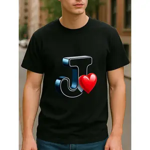 retro 3d letter j with heart graphic tshirt, initial j monogram oversized tee, men's personalized name streetwear casual cotton top, monogram daily wear gift shirt