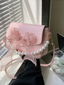Mini square bag, imitation pearl and bow decorated shoulder bag, flip PU shoulder strap bag, Flap shoulder bag, Casual Messenger Bags, suitable for shopping and outings, solid color design, Crossbody Purse