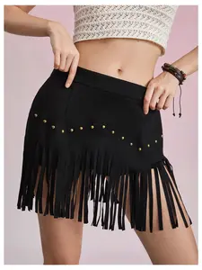 Women's High-Waist Boho Fringe Faux Suede Mini Skirt, Tassel Studded Machine Washable Western Festival Skirt, Machine Washable Skirts