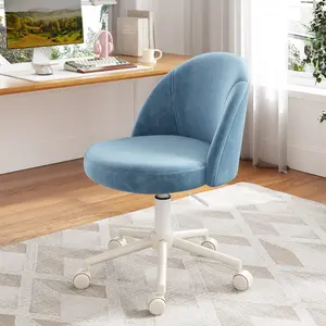 RaybeeFurniture Vanity Chair,Velvet Desk Chair Comfy with Adjustable Rolling Swivel,Armless Desk Chair with Comfortable Lumbar Support, Cute Office Chair for Home Office,Bedroom,White