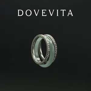 Skinny Jade Ring + 2 Zirconia Ring - Green Crystal Stacking Ring - Natural Gemstone Ring - Boho Jewelry - Gift for Her DOVEVITA JRCLQF