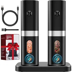 Electric Salt and Pepper  Set,  Rechargeable Salt and Pepper Mill with  Base, Adjustable Coarseness Shakers with LED Light,  Hand Operation for Kitchen Appliances Gifts for Women