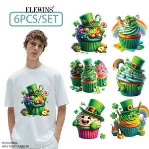 6Pcs St. Patrick's Day Cupcake Gold Foil DTF Transfer Decal Craft for Tshirt Hoodie Jeans Backpack Pillow Machine Washable Reusable Heat Transfer Vinyl for Men Women