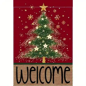 1pc Christmas Tree Garden Flag 12x18 Inch, Double Sided Durable Burlap Outdoor Yard Decor, Red Holiday Welcome Sign for Front Porch Fall Winter Farmhouse Xmas Decoration