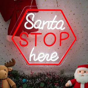 Santa Stop Here Neon Sign for Window Decor USB  Xmas Neon Wall Sign Festive Display Holiday Party Santa Stop Led Light for  Drop  Display