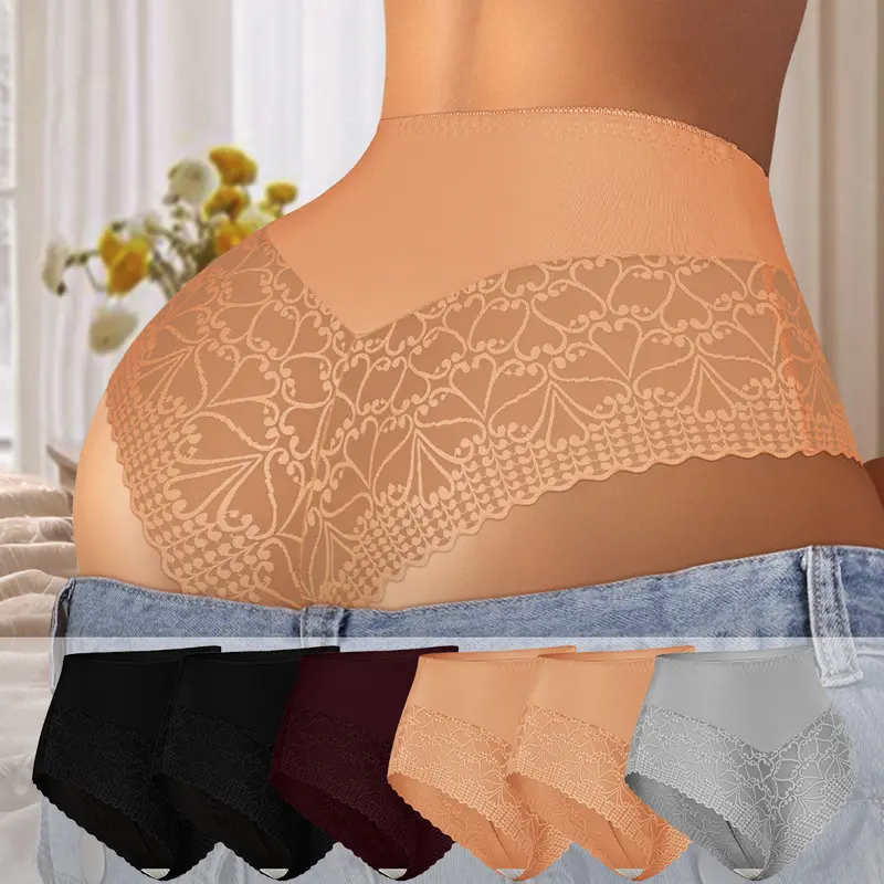 Morelect Women's High Waist Fit Seamless Lace-Trim Allure Brief Panties Set 1 (1-6 Pcs), Light Airy Breathe-Easy Mesh Underwear Sets, Date Night Essential, Summer Gift (Do Not Dry Clean)