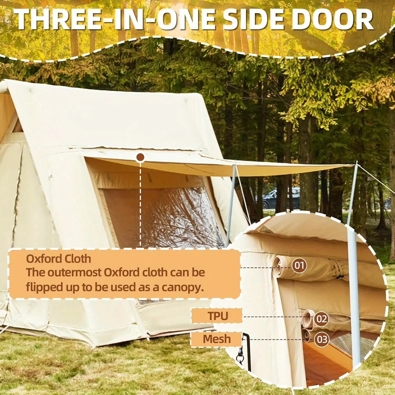 8-10 People Inflatable Camping Tent, OYEROL 136 Sqft Blow up Tent with 4 Doors, Versatile Side Wall, Up to 8.7ft, 600D Oxford Cloth, AC Port, Stove Jack, Hand Pump, 4 Seasons