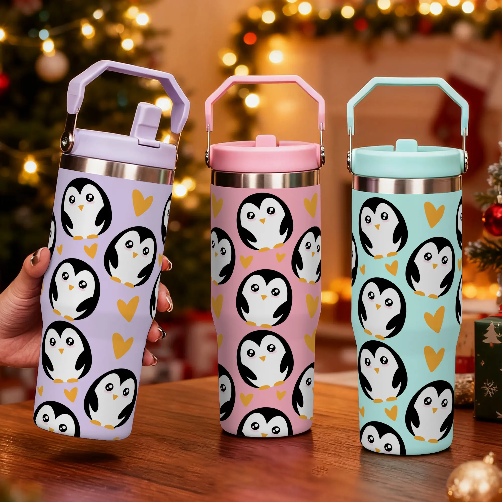 1pc, Christmas Cups 30oz Tumbler With Lid, Christmas Gifts, penguin Funny Print 30oz Stainless Steel Water Bottle, Christmas Gifts, Thanksgiving Gifts, For Dad Son Women Mom Sisters Teacher Coworker Friend Bro