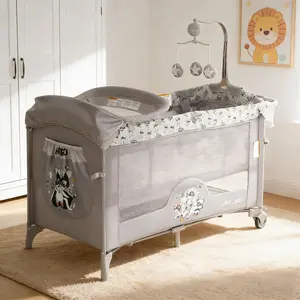 4 in 1 Baby Bassinet Bedside Sleeper Portable Pack and Play with Changing Table, Locking Wheels, Zip Door, Storage & Toy Bar for Toddlers (Light Grey)