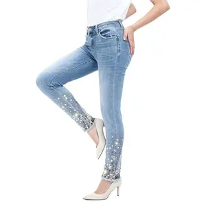 Scarlett BlueMoment Sequin Ankle Jeans Stretchy Mid Rise Skinny Tummy Control Sparkle Cuff Slim Fit Denim Pants BBL