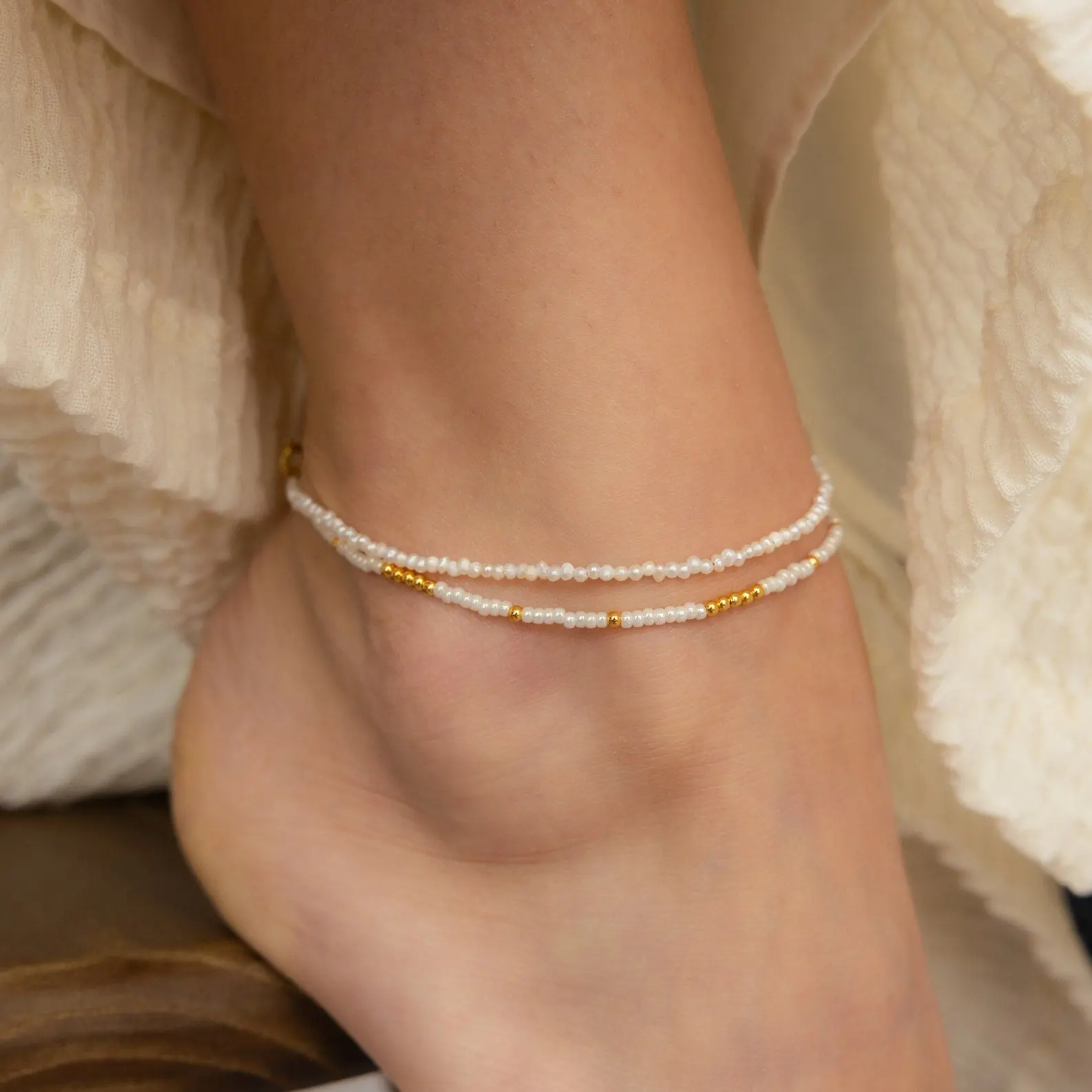 Dainty Pearl Beaded Anklet by Caitlyn Minimalist - Beaded Gold Pearl Anklet - Boho Pearl Jewelry - Perfect Summer Gift