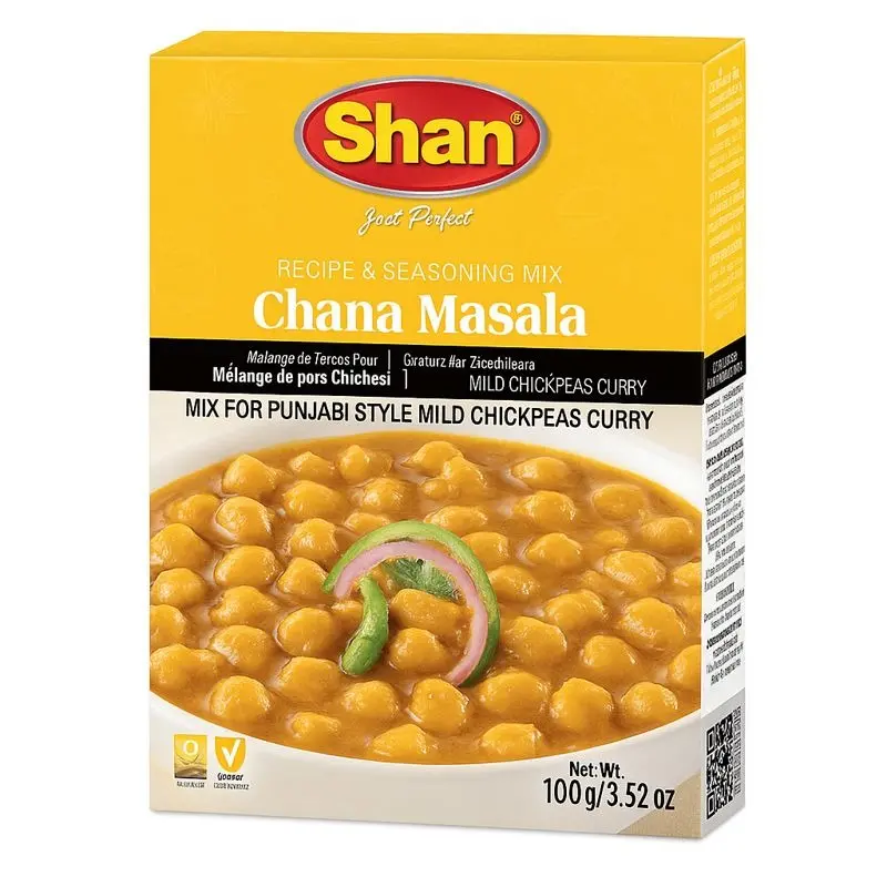 Shan Chana Masala Recipe and Seasoning Mix 3.52 oz (100g) - Spice Powder for Punjabi Style Mild Chickpeas Curry - Suitable for Vegetarians - Airtight Bag in a Box