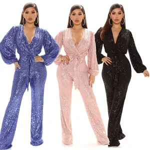 Autumn high-end women's sequined deep V-neck long-sleeve jumpsuit dress