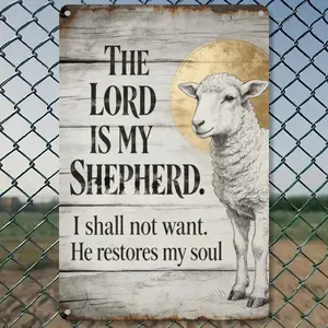 Religious Metal Aluminium Christian Art Bible Verse Wall Decoration, Vintage Faux Rusted Edge The Lord is My Shepherd Sign, Sheep-Themed Scripture Plate for Living Room, Farmhouse Bedroom