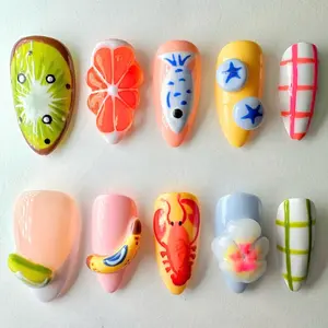 Chic Nail Studio Tropical Fruit Press-On Nails, 3D Kiwi, Citrus, Banana & Lobster Design, Fun & Colorful Summer Nails, Vacation Nail Art, Custom Press-On Nail