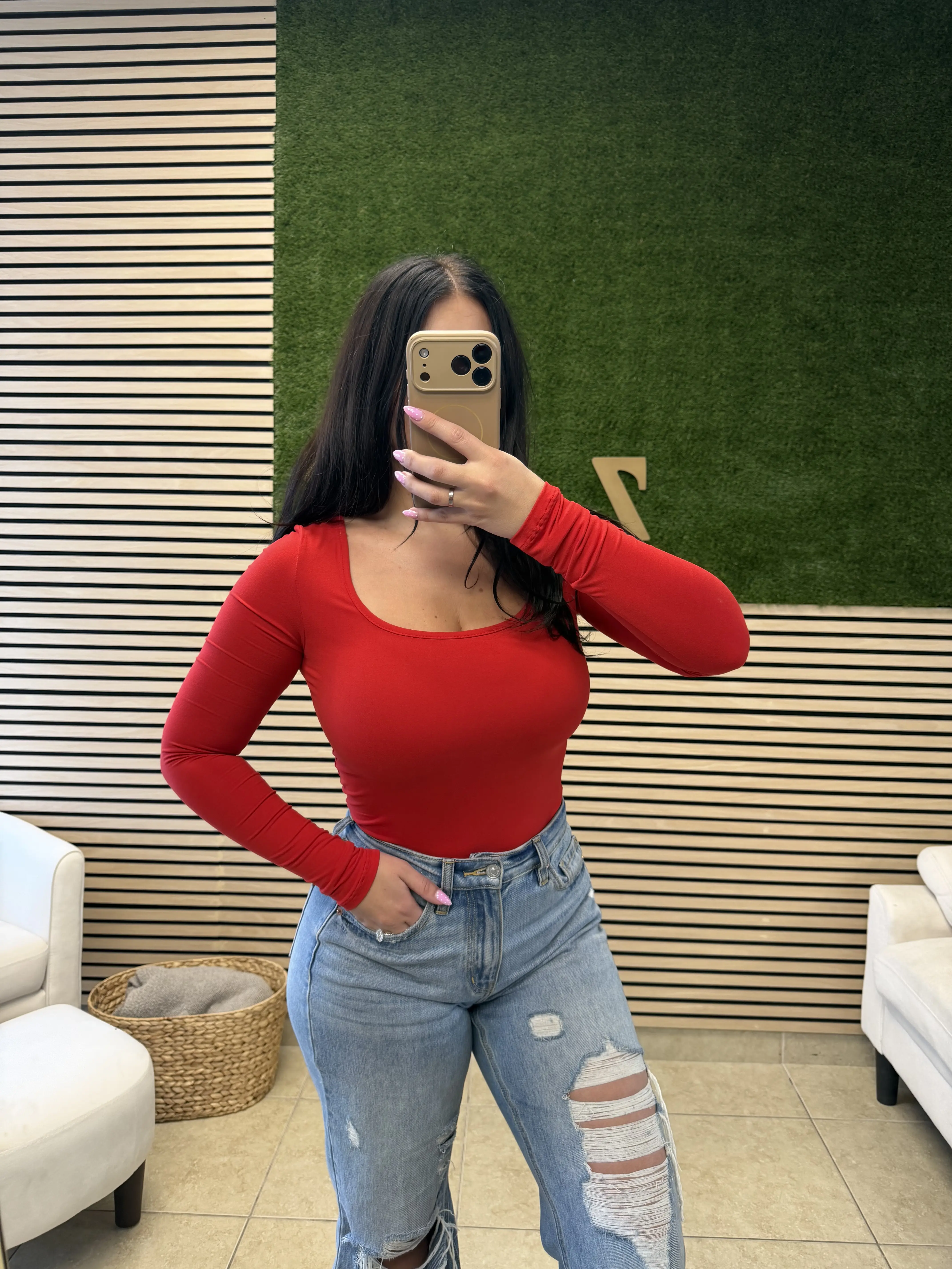 Buttery Soft & Smoothing Square Neck Long Sleeve Shirt: RED