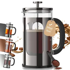 34oz French Press Coffee Maker, Thickened Glass & Stainless Steel Brewer, No Plastic Contact, Cold Brew Tea Pot for Kitchen, Travel & Camping, Dark Pewter