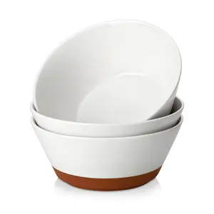 MALACASA Tara Series 35/54 oz Soup Bowls, Set of 3 white porcelain bowls (with brown trim on the base), deep kitchen bowls suitable for serving soup, porridge, salad, ramen and fruit; dishwasher and microwave safe; standard range