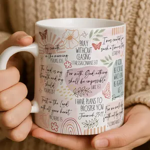 Christian Bible Verse Mug – White Ceramic Coffee Cup with Inspirational Scriptures, Floral & Butterfly Design, Perfect for Faith Gifts, Prayer Warriors & Religious Women