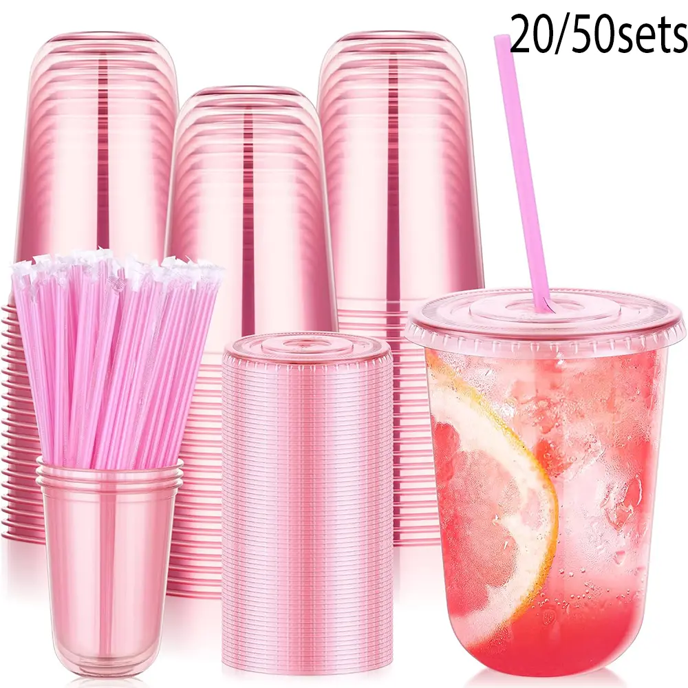20/50sets 16oz Plastic Cups with Lids & Straws, Disposable Pink Clear Iced Coffee Cup with Lid, Round Bottom Plastic To Go Cups for Cold Drinks Slushie Smoothie Valentine Holiday Party Supplies