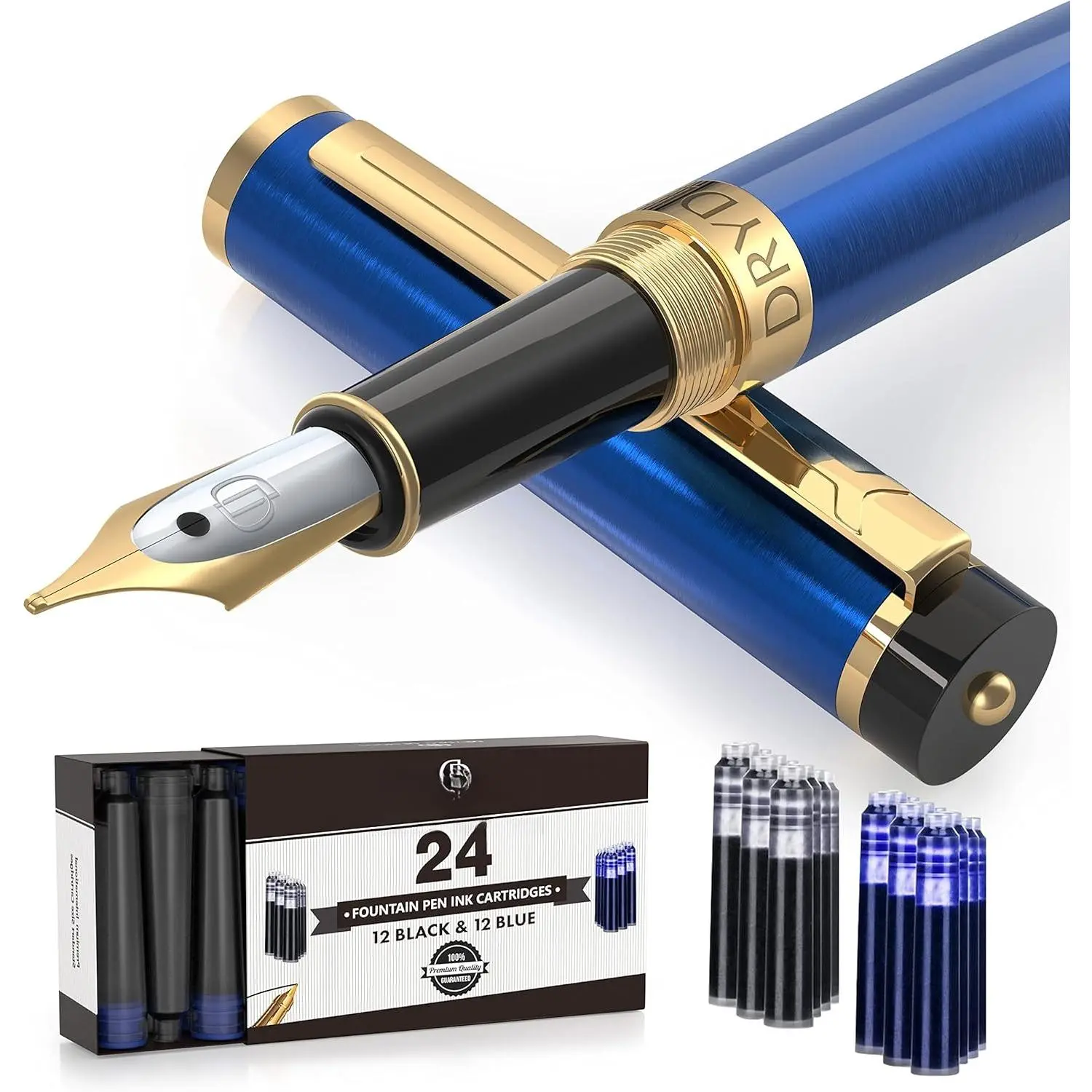 Fountain Pen - Medium Nib | Includes 24 Ink Cartridges (12 Black 12 Blue) and Ink Refill Converter | Calligraphy Pen, Consistent Writing, Smooth Flow - Blue.