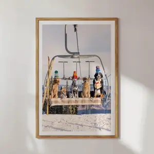 Ski Lift Dogs Art Print – Winter Dog Photography in Snowy Mountains, Whimsical Cabin Wall Decor, Preppy Ski Lodge Poster