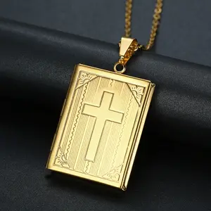 Retro Style Square Cross Holy Book Pendant Stainless Steel Necklace, Open Placement Photo Commemorative Pendant Necklace, Christmas Gift Accessory