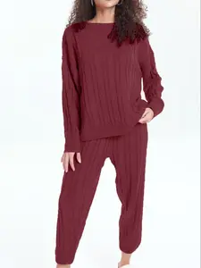Autumn Winter Women's Knitted Two-Piece Set, Round Neck Long Sleeve Top & Pants, Casual Fashion for Daily Wear