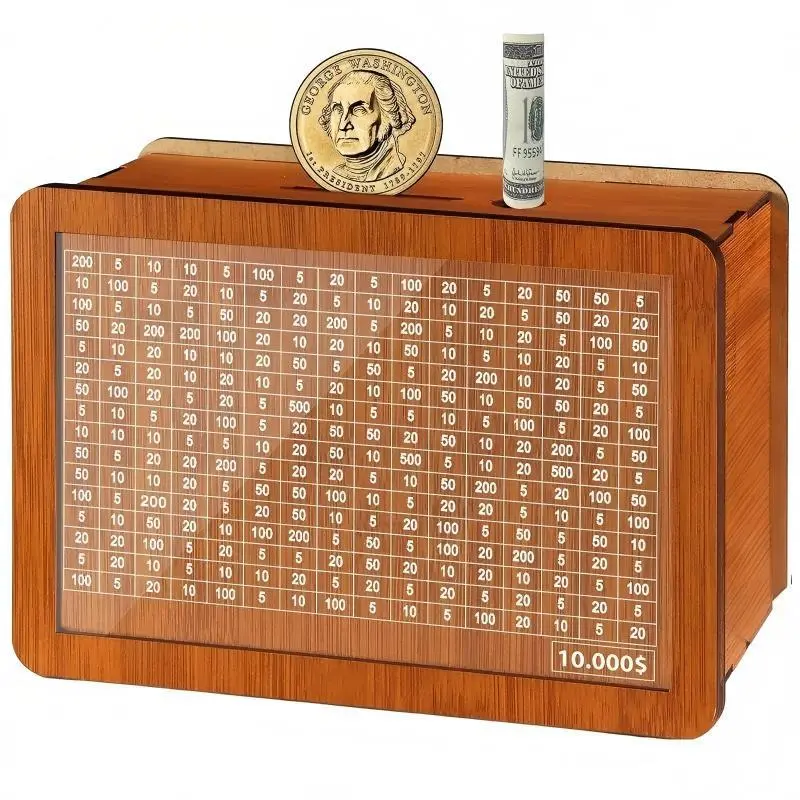 $10000 Larger Size Savings Challenge Box - Cash Vault Wooden Money Savings Box for Adults Kids -  Money Bank - Wooden Cash Coin Piggy Bank with Counter and Dry Erase Pen - Brown summervibes