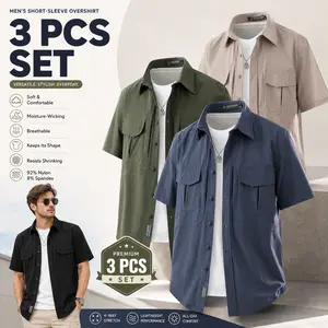 Men's 3-piece short-sleeved button-up workwear shirt with pockets, lightweight and breathable nylon elastic casual outdoor practical shirt, suitable for summer casual outdoor travel