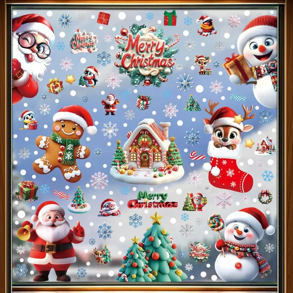 Christmas Window Stickers 3D Santa Claus House Snowflakes Electrostatic Sticker Home 2025 Xmas Party Christmas Decor