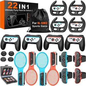 22 in 1  Switch 2 Sports Accessories Bundle – Family Party Kit for Nintendo Switch 2 Only, with Tennis Rackets, Steering Wheels, Wrist Straps, Grips, Joystick Caps, Card Case & Storage Bag