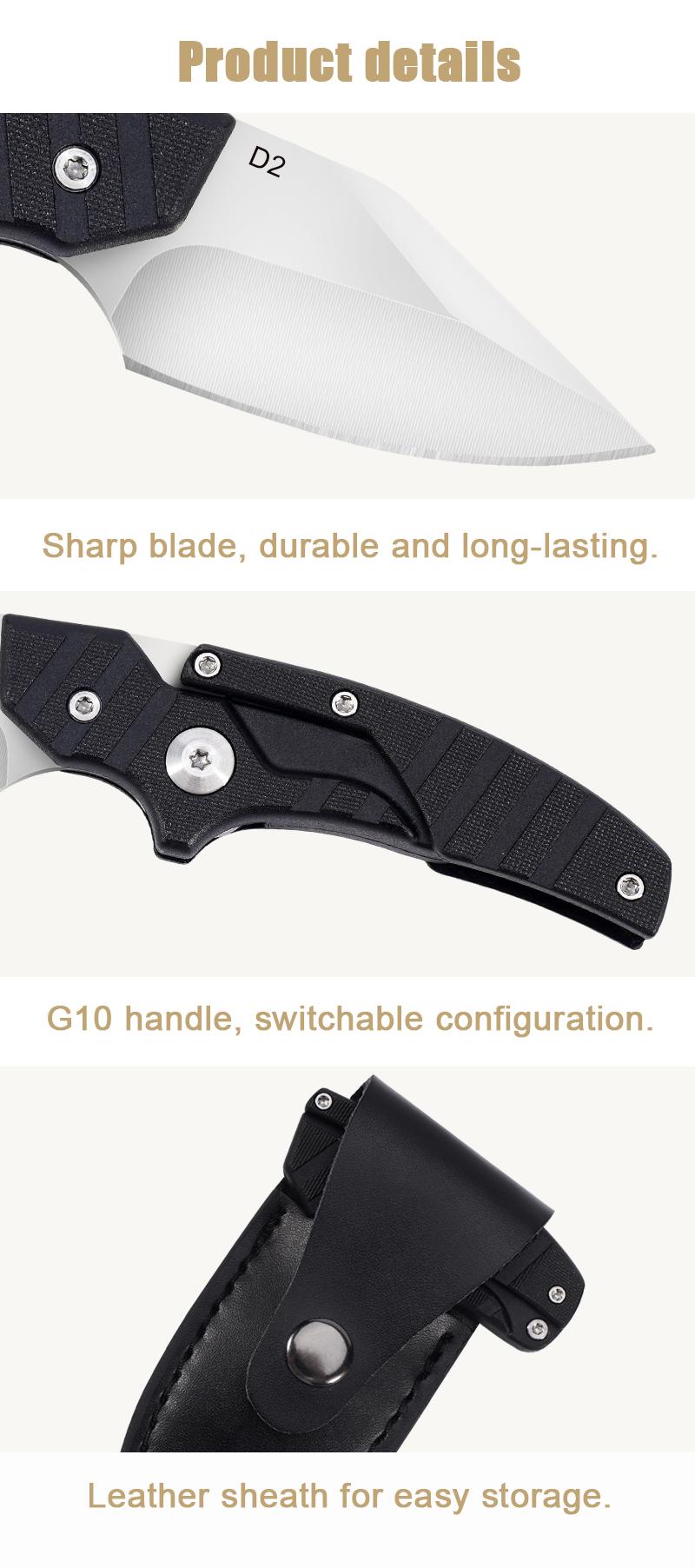 Portable EDC multifunctional tactical outdoor folding knife with two modes and a D2 blade; includes a leather sheath for everyday carry; an outdoor cutting tool designed specifically for climbing and fishing; a must-have for camping and hiking trips.