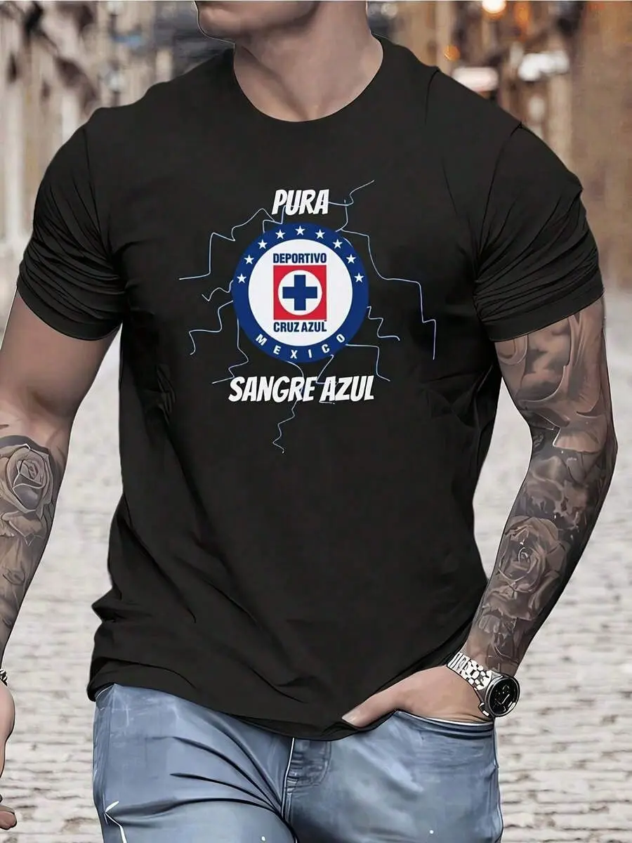 Men's Graphic T-Shirts Women Plus Size Clothes Men's T-Shirt - Classic Round Neck Short Sleeve Casual T-Shirt Black Short-Sleeve T-Shirt With The Pattern Of The Cruz Azul Football Club From Mexico