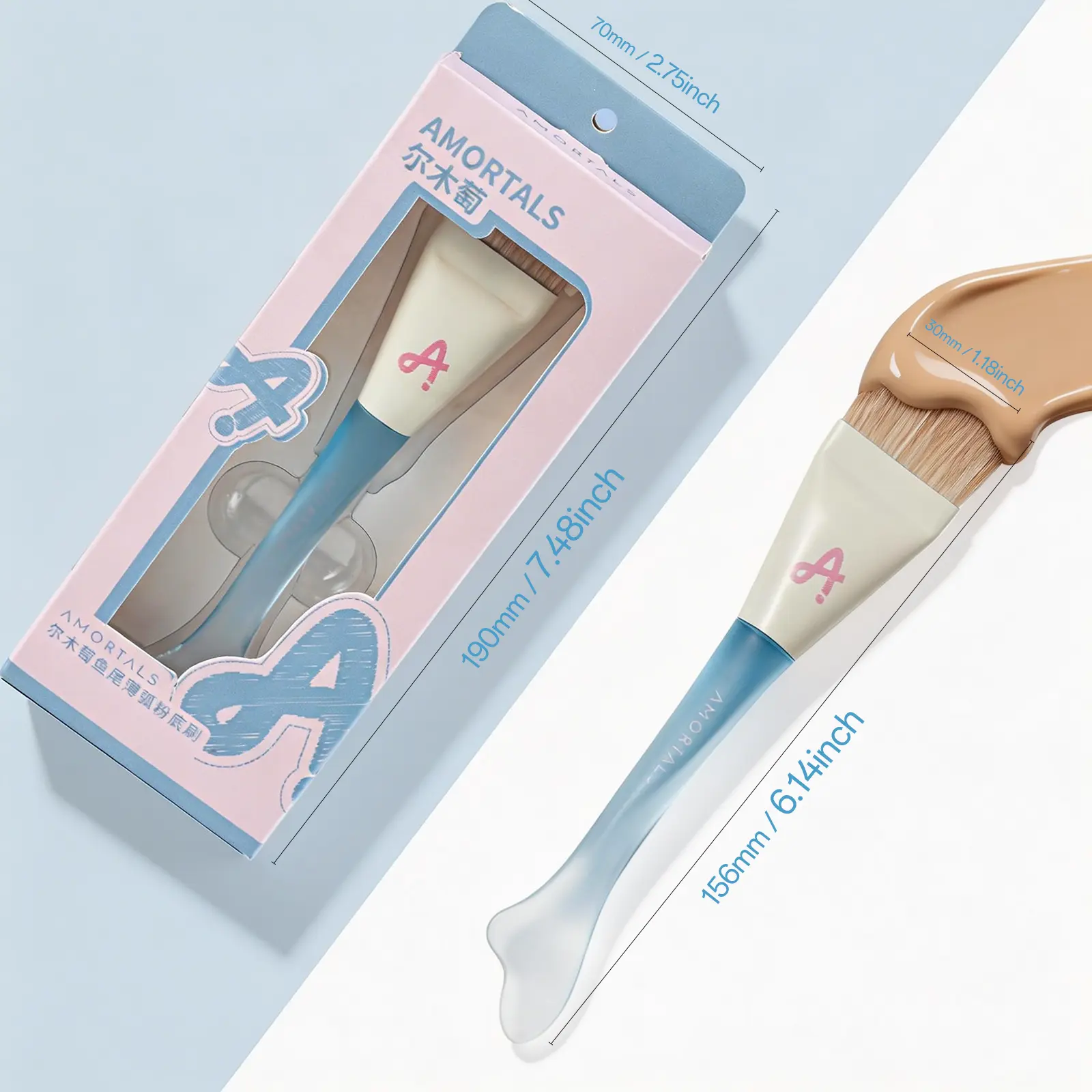 AMORTALS Flat Foundation Brush & Makeup Spatula Set (Blue) | Soft Synthetic Bristles for Liquid & Cream Foundation | Smooth, Flawless Coverage
