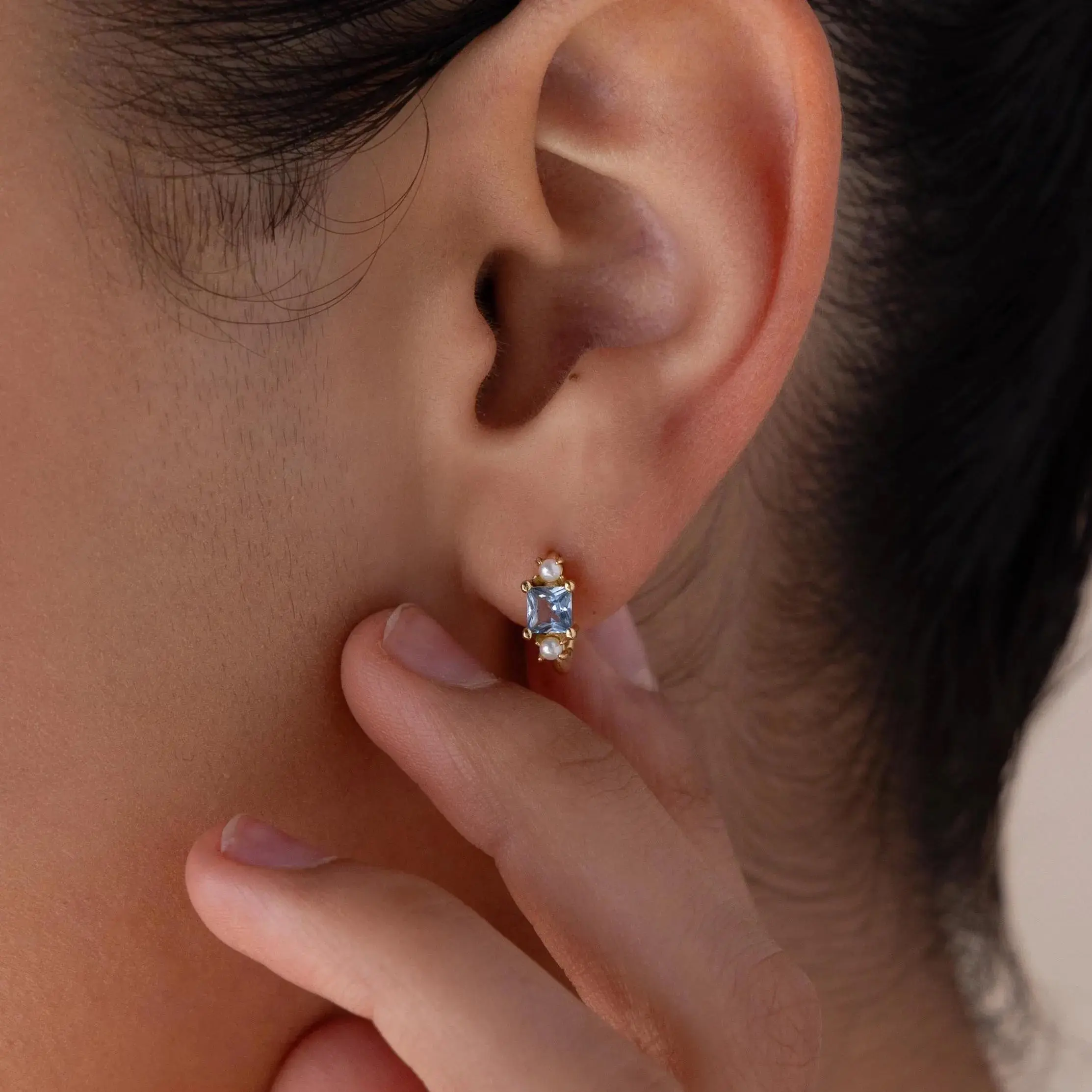 Aquamarine Pearl Huggies by Caitlyn Minimalist - Baguette Gemstone Hoop Earrings - Aquamarine Jewelry - Something Blue Gift