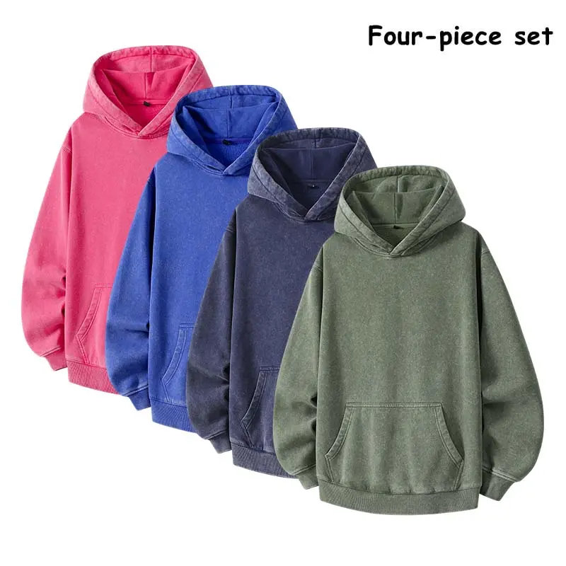 Men’s 4-Pack Vintage Washed Plain Pullover Hoodies, Loose-Fit Casual Hooded Sweatshirts with Kangaroo Pocket for Everyday Streetwear, Men's Hoodies