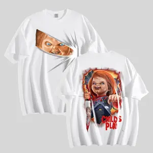 Unisex Oversized Short-Sleeve Round-Neck Chucky Horror Icon Graphic T-Shirt - High-Quality Classic Printed, Gothic Grunge Streetwear, Menswear Gift for Halloween, Fathers Day
