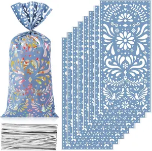 Funrous 100 Pcs Cielito Lindo Candy Bags Mexican Fiesta Gift Bags with Twist Ties Cinco De Mayo Party Favors Barro Candy Sack Talavera Sack for Mexican Wedding Fiesta Party Supplies(Blue)